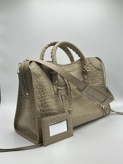 Sac à main Le City Balenciaga croco beige