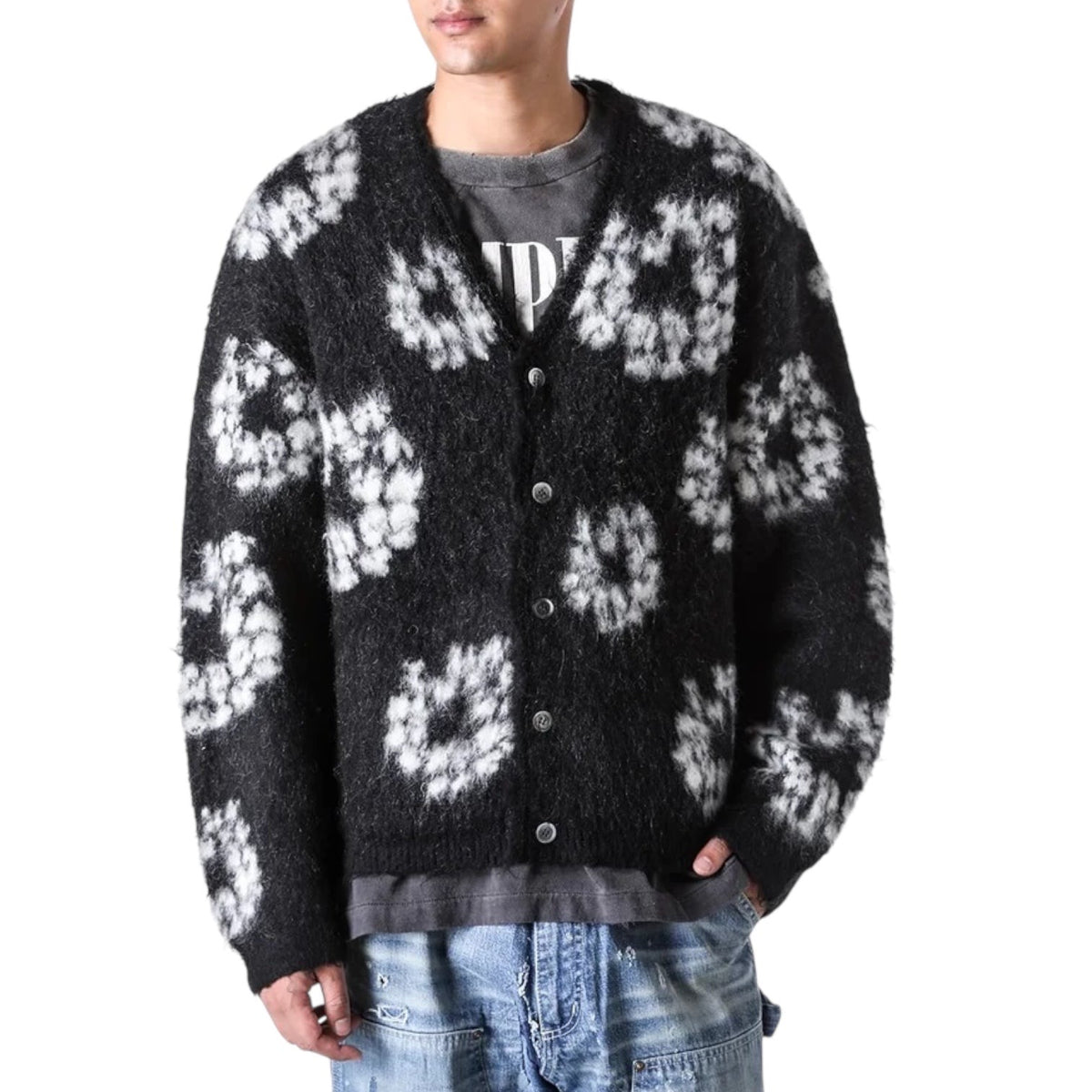 Cardigan Saint Michael Life Style maille duveteuse noir blanc - L