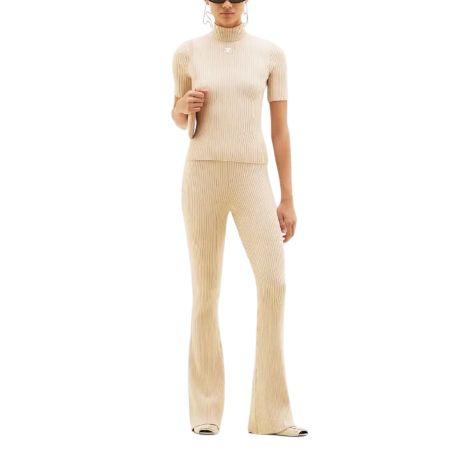 Pantalon Courrèges maille côtelée beige flare