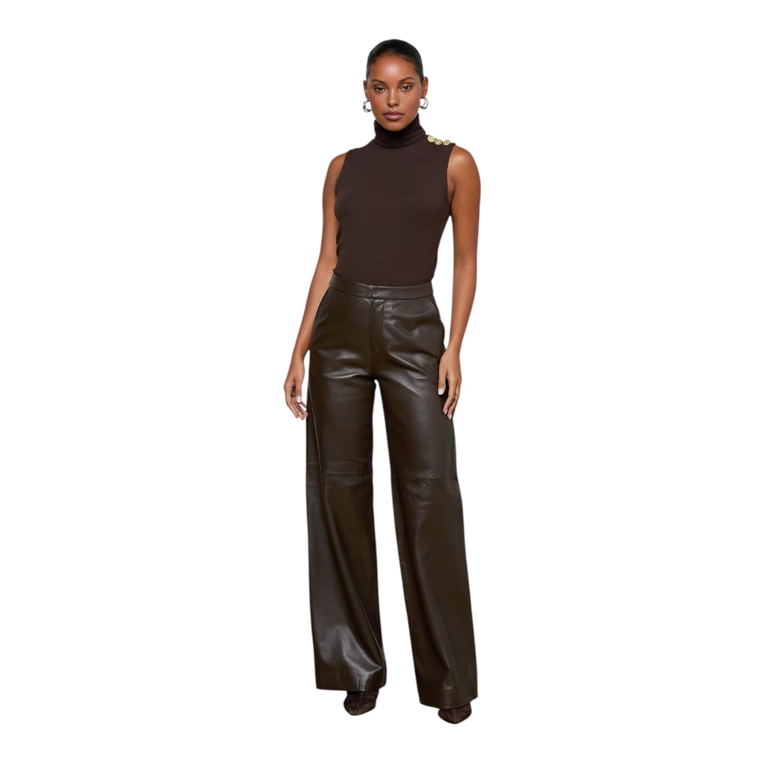 L’Agence Pantalon en Cuir Marron Coupe Droite