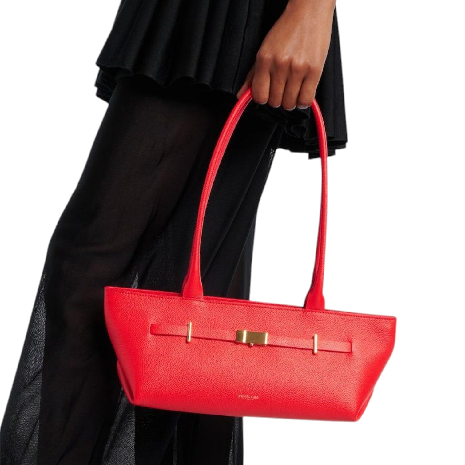 Sac Demellier London rouge en cuir suédé – détail signature doré