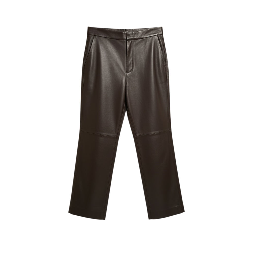 L’Agence Pantalon en Cuir Marron Coupe Droite