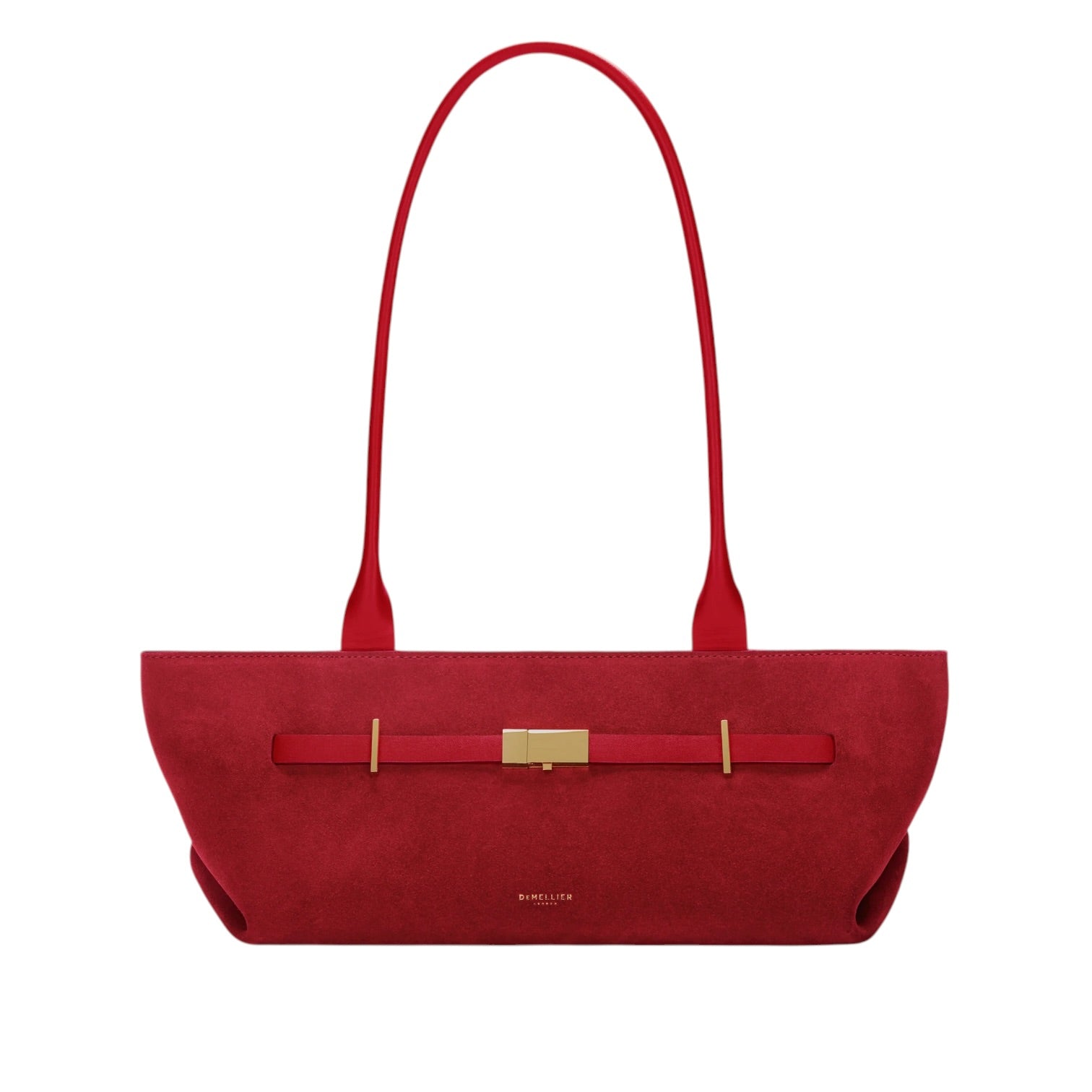 Sac Demellier London rouge en cuir suédé – détail signature doré