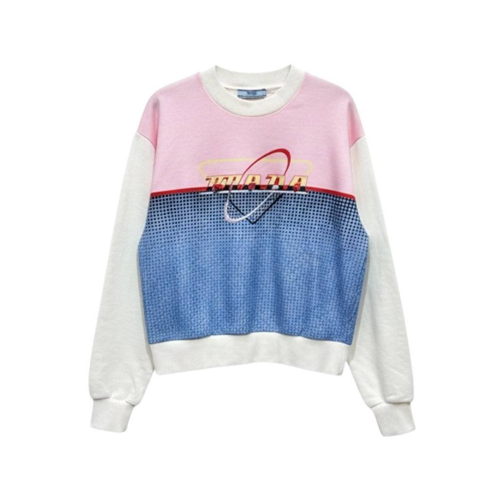 Sweat Prada logo graphique rose et bleu