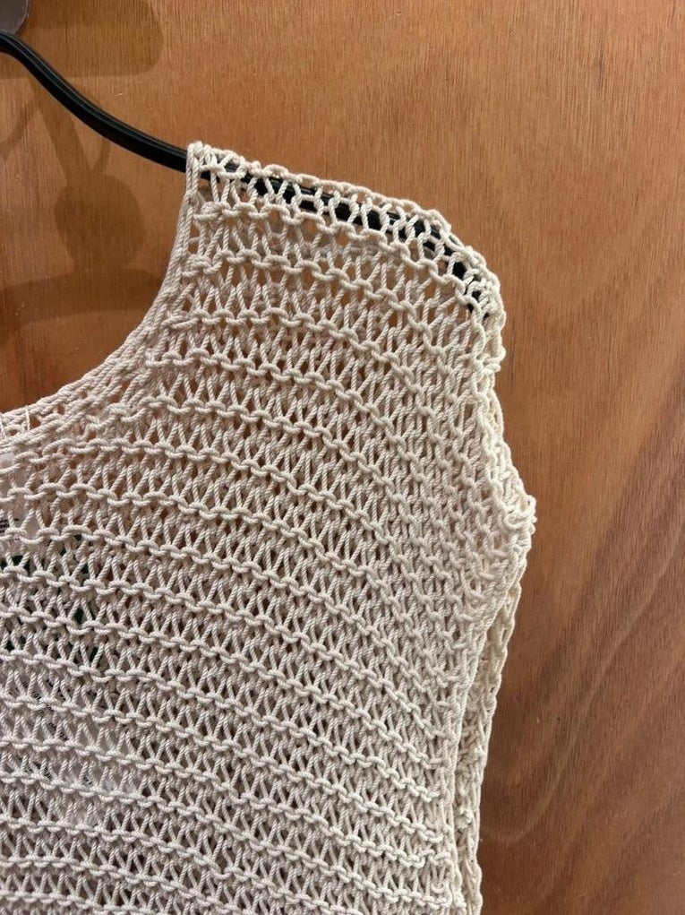 Top crochet Visvim ivory hand knit lattice vest boho luxe